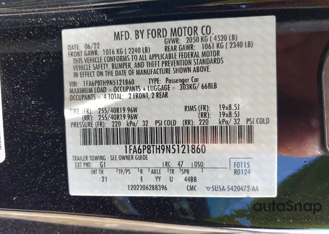 2022 Ford Mustang Ecoboost Fastback from USA, damaged, VIN 1FA6P8TH9N5121860